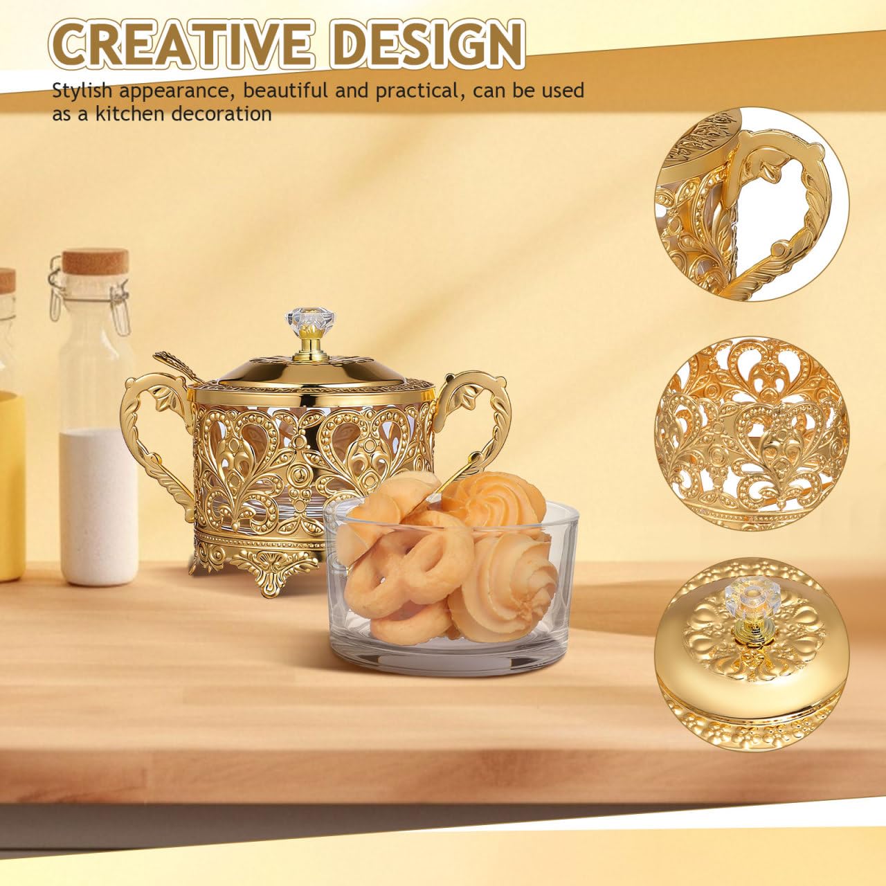 Sugar Bowl, 2 Sets Turkish Sugar Bowl with Lid and Spoon Condiment Pots Seasoning Box Golden Embossed Glass Candy Jar Coffee Bar Accessories