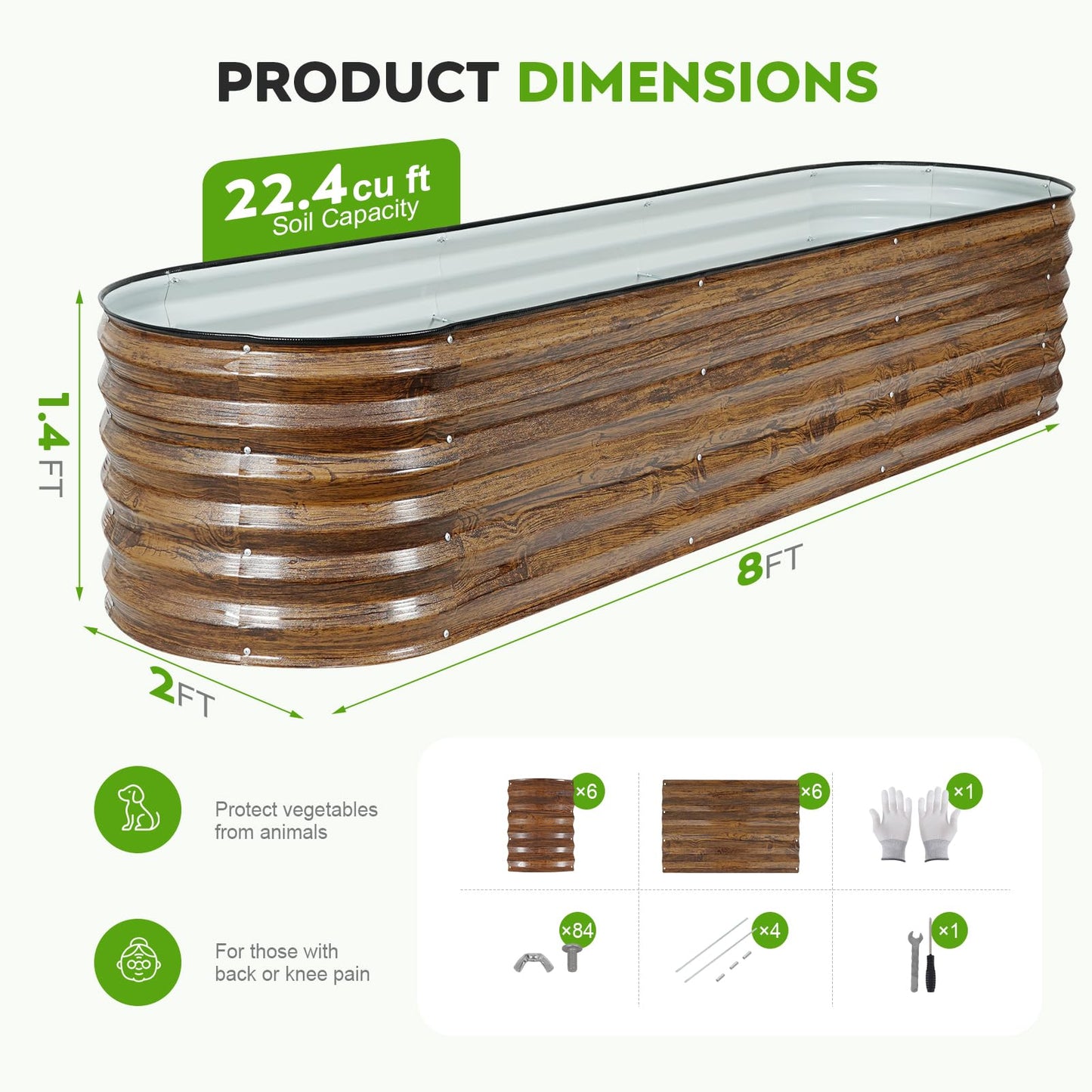 ZORMY Galvanized Raised Garden Bed Outdoor- 8x2x1.4ft Oval Steel Raised Beds for Gardening, Metal Planter Box with Protective Strip and Gloves for Vegetables, Flowers, Fruits(Brown)