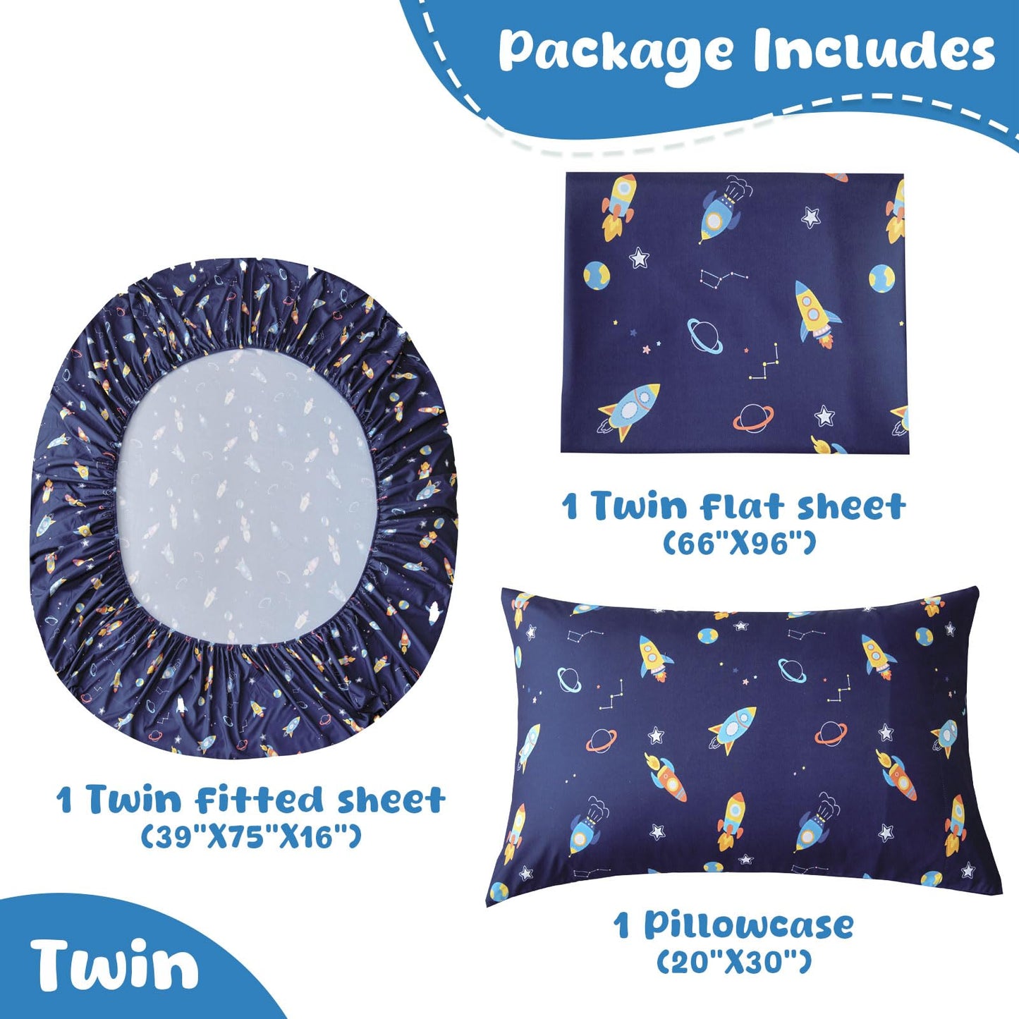 Swiftify Twin Bed Sheets Set for Boys, 3-Piece Bed Sheet Set for Toddler, Soft Brushed Microfiber Bedding, Deep Pocket, Wrinkle & Fade Resistant, Space Rocket