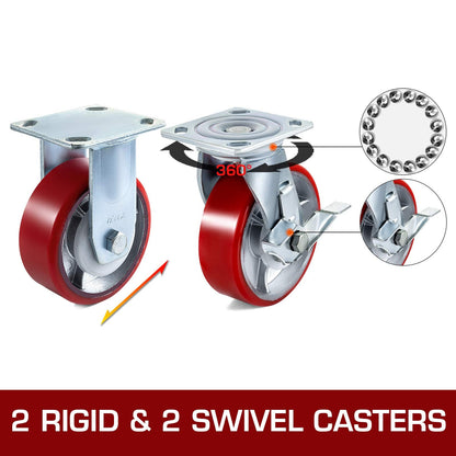 VEVOR Caster Wheels Set of 4, 6" Heavy Duty Casters (2 Rigid and 2 Swivel Casters with Side Brake) Polyurethane Iron Core Plate 4000LBS Capacity