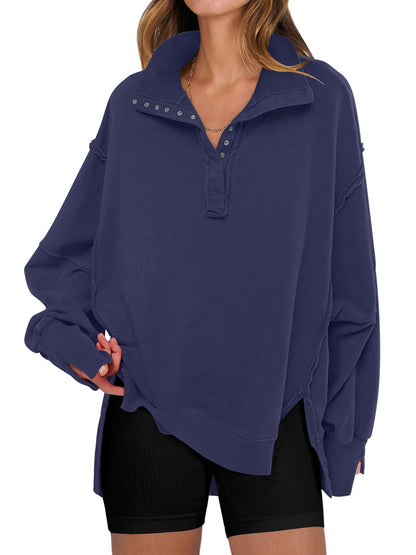 ANRABESS Women's Sweatshirts Oversized Casual Loose Button Up Henley Pullover Top High Low Split 2025 Fall Fashion Outfits