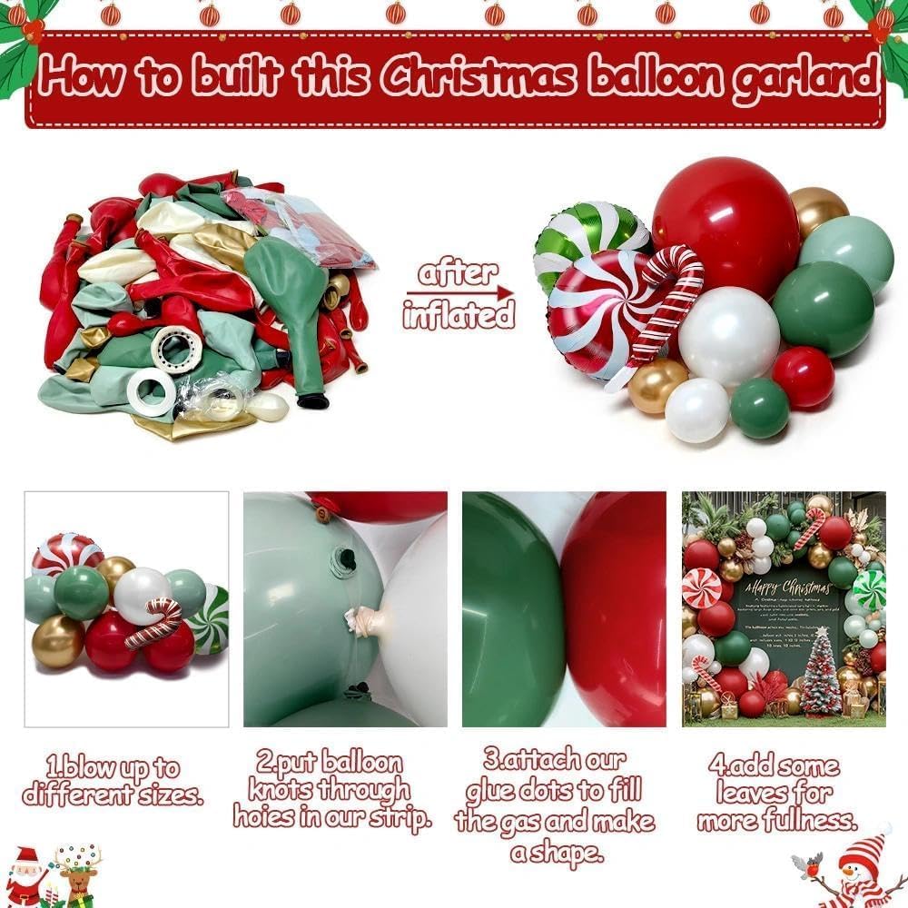Christmas Balloon Arch Kit, Double Stuffed Red Green White Pearl Balloon Garland Sage Green Red Gold Balloons With Candy Cane Balloons for Christmas Birthday Xmas Santa Holiday New Year Party Decor