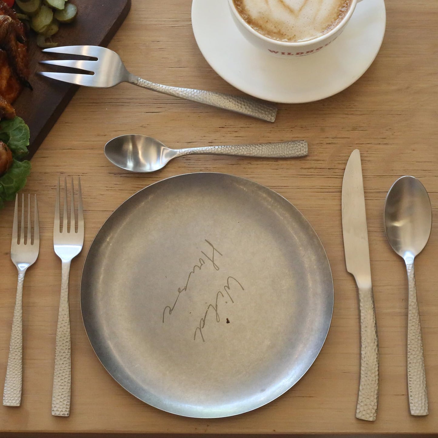 Kelenfer Stainless Steel Silverware Serving Set Hammered Silver Matte Finished 5 Piece Serving Utensil Set Flatware Set