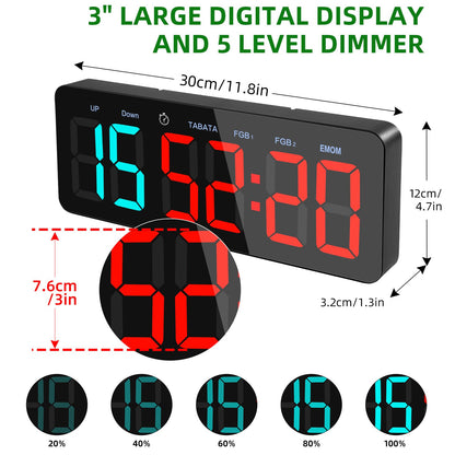 PELLOR Upgraded Gym Timer Clock for FBG/EMOM/Tabata, Interval Timer with Function Modes Display, Countdown/Up Stopwatch Clock for Sports,Home Gym,Yoga,Boxing,Garage,Office,Classroom