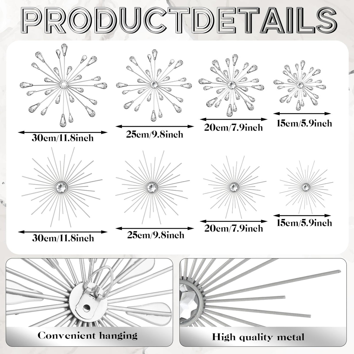 Blulu 8 Pcs Silver Metal Wall Art Cast Iron Starburst Wall Decor Bling Crystal Sculptures Living Room 3D Teardrop Radial Rhinestone Hanging Diamond Accents for Home Office Bedroom Entryway