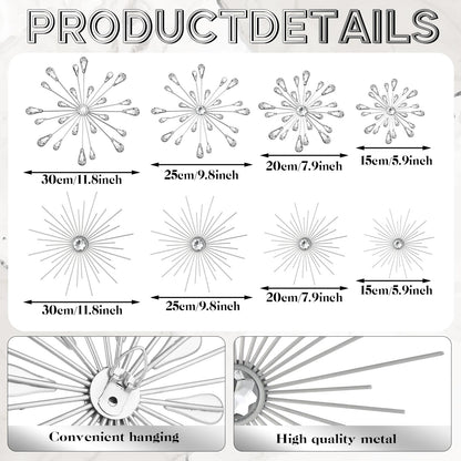 Blulu 8 Pcs Silver Metal Wall Art Cast Iron Starburst Wall Decor Bling Crystal Sculptures Living Room 3D Teardrop Radial Rhinestone Hanging Diamond Accents for Home Office Bedroom Entryway