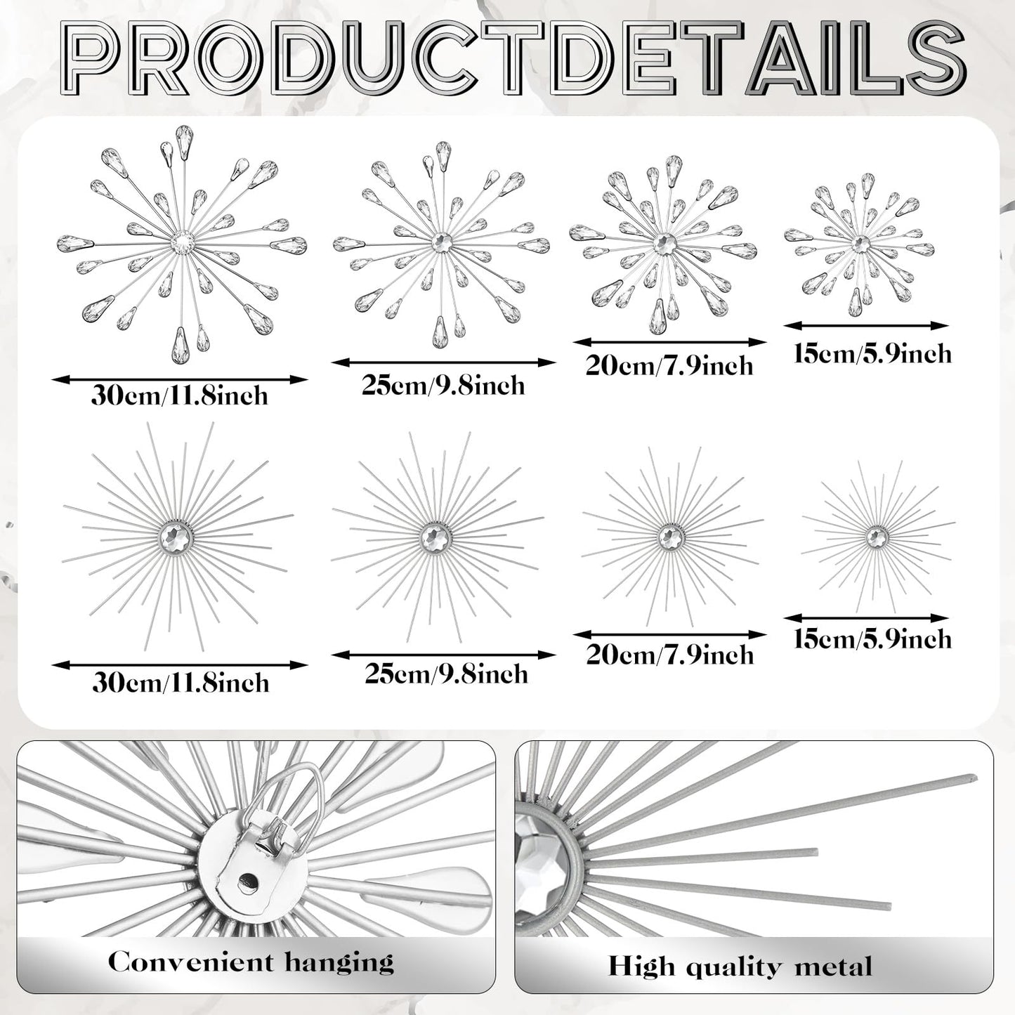 Blulu 8 Pcs Silver Metal Wall Art Cast Iron Starburst Wall Decor Bling Crystal Sculptures Living Room 3D Teardrop Radial Rhinestone Hanging Diamond Accents for Home Office Bedroom Entryway