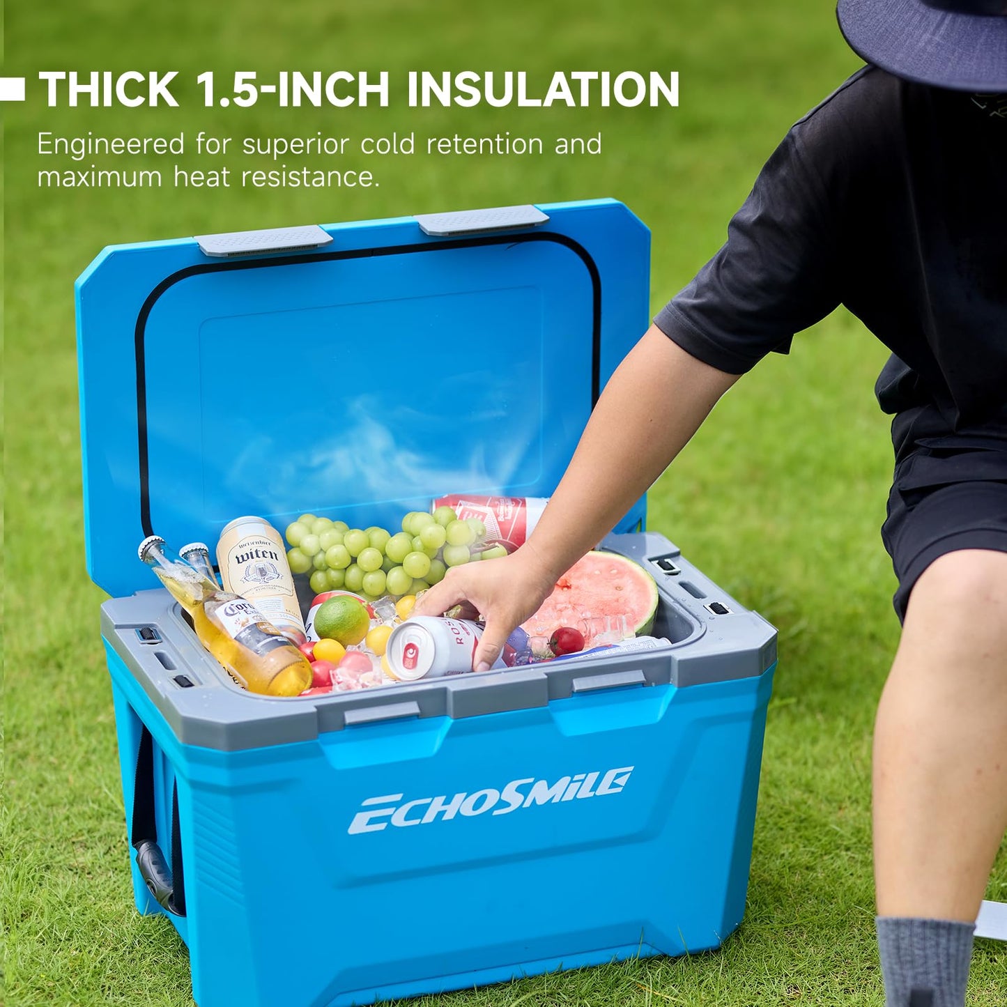 EchoSmile 35 Quart Insulated Cooler, Outdoor Portable Hard Cooler Ice Chest Box w/ 2 Cup Holders, Drain Plug, Bottle Opener, 3-Day Ice Retention for Camping, Beach, and Picnic,Blue