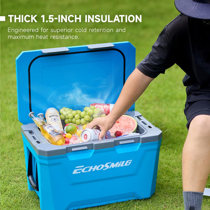 EchoSmile 35 Quart Insulated Cooler, Outdoor Portable Hard Cooler Ice Chest Box w/ 2 Cup Holders, Drain Plug, Bottle Opener, 3-Day Ice Retention for Camping, Beach, and Picnic,Blue