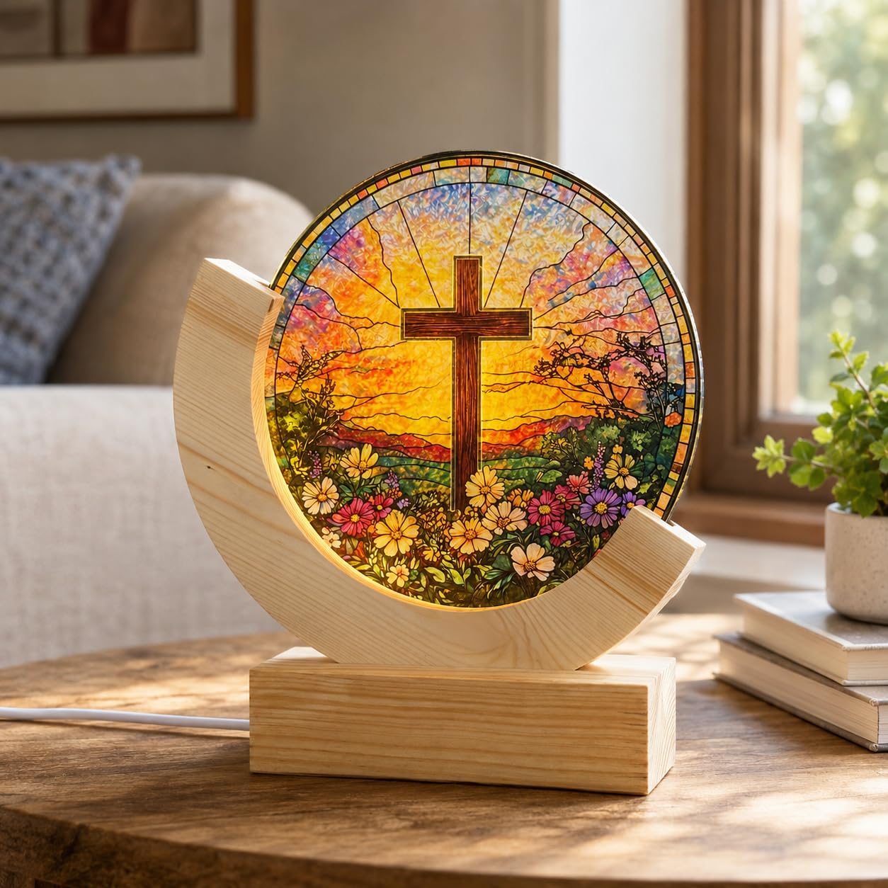 Christian Cross Stained Glass Night Light – Warm LED Glow, USB Powered, Solid Acrylic Plate with Wooden Base – Religious Home Decor Gift for Mom, Women, Christians, Easter, Christmas, Mother's Day