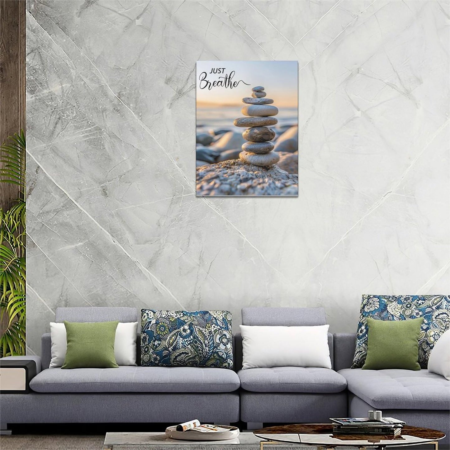 Zen Wall Art Spa Stone Just Breathe Pictures Canvas Wall Decor Meditation Yoga Painting Peaceful Home Modern Artwork Decorations Framed for Bathroom Bedroom Living Room Office 12 x 16 inch
