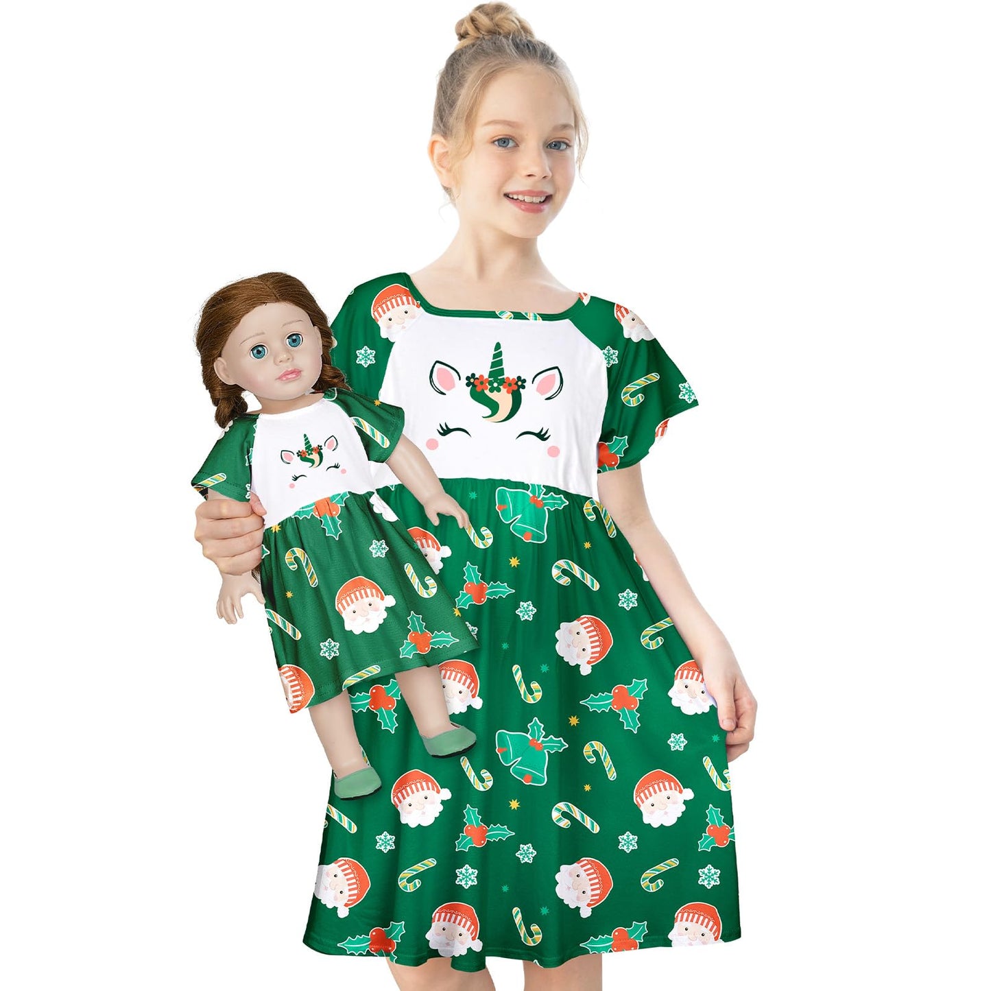 Play Tailor Doll and Girl Matching Nightgown Unicorn Outfit Pajamas Night Dress for Girls and 18" Dolls Clothes, Green, 6-7Y