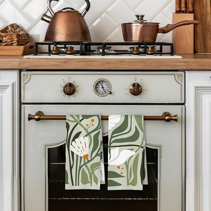 Abstract Boho Sage Green Floral Kitchen Towels Set of 2, 70s Retro Groovy Boho