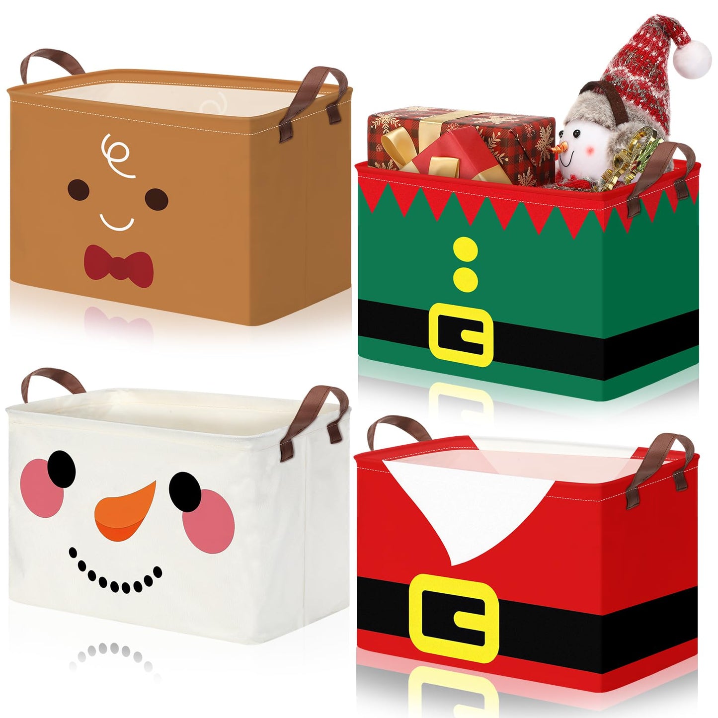 Wesnoy 4 Pcs Christmas Storage Bins 14.2 x 8.7 x 9.5 Inch Red Green Santa Claus Gingerbread Foldable Christmas Baskets for Gift Collapsible Xmas Organizer Cube Box with Handle for Office Home Bedroom