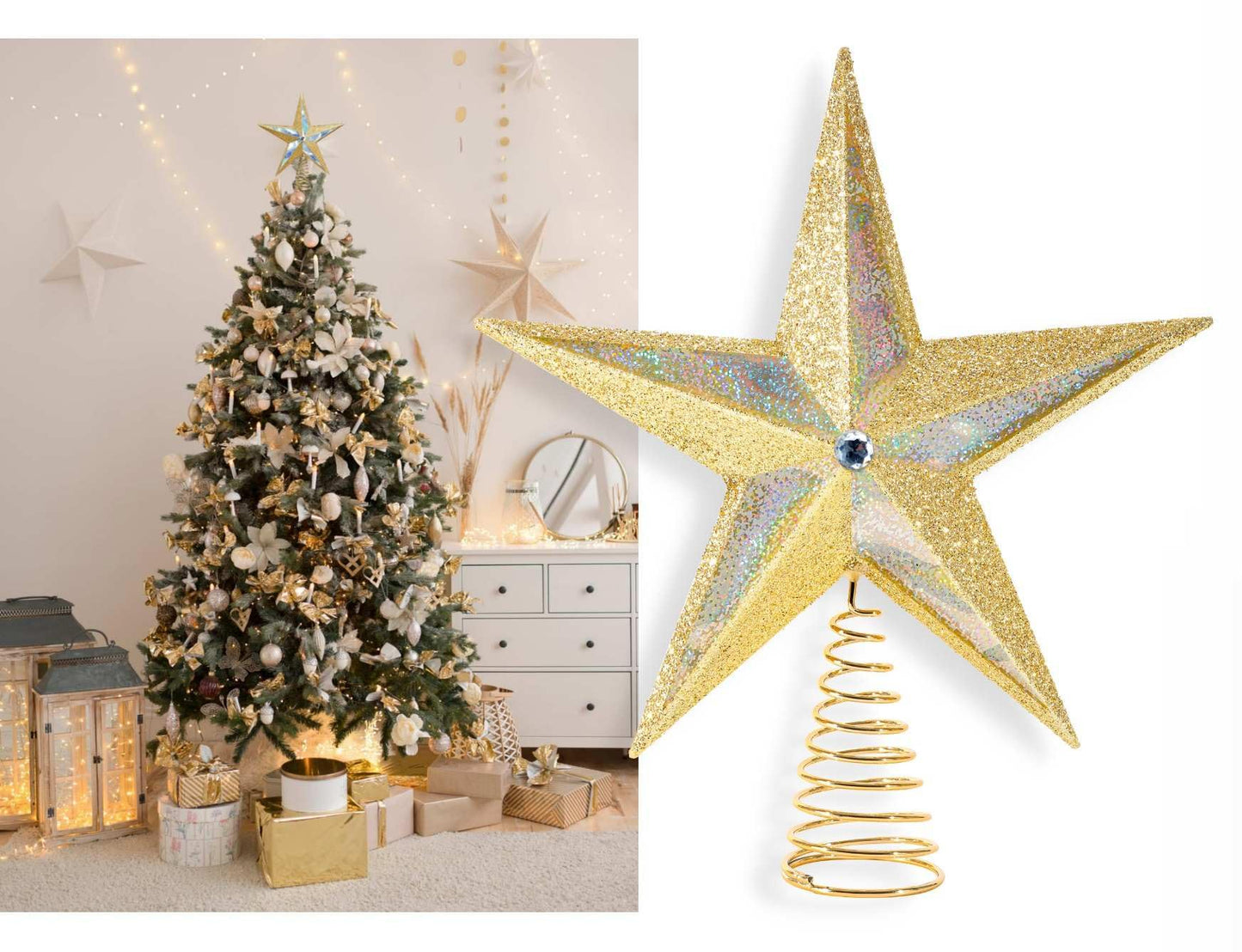 Christmas Traditions 10 inch Large Filigree Gold Holographic Glittered Christmas Star Tree Topper Star for Large Tree 6 feet-8 feet Tall/Home Decor Ornaments (Gold Holographic)