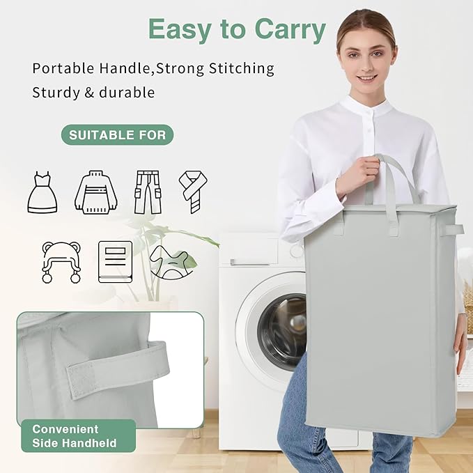Slim Laundry Basket with Lid and Handles, Foldable Laundry Basket