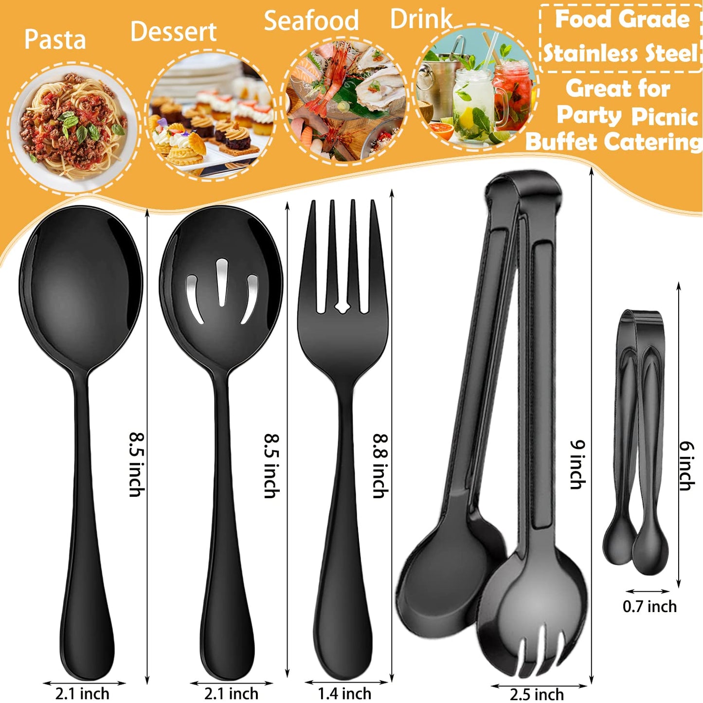 IAXSEE 10 PCS Stainless Steel Serving Utensils, Large Serving Spoons Slotted Spoons, Serving Forks, Serving Tongs, Ice Suger Tongs, Metal Utensils Set Great for Buffet Catering Banquet Party (Black)