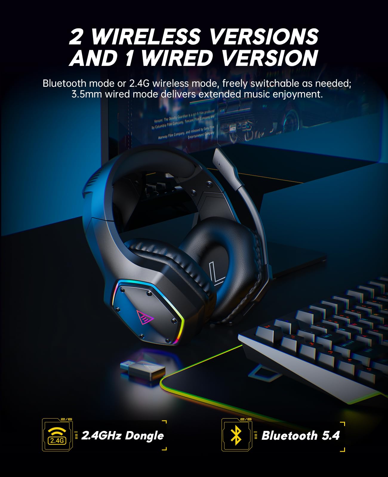 EKSA 2.4GHz Wireless Gaming Headset for PS5,PS4,PC,Switch,Mobile,Mac, Bluetooth Gaming Headphones with ENC Microphone, RGB, 20ms Latency, 120H Battery, 7.1 Surround Sound Headset, 3.5mm Audio Cable