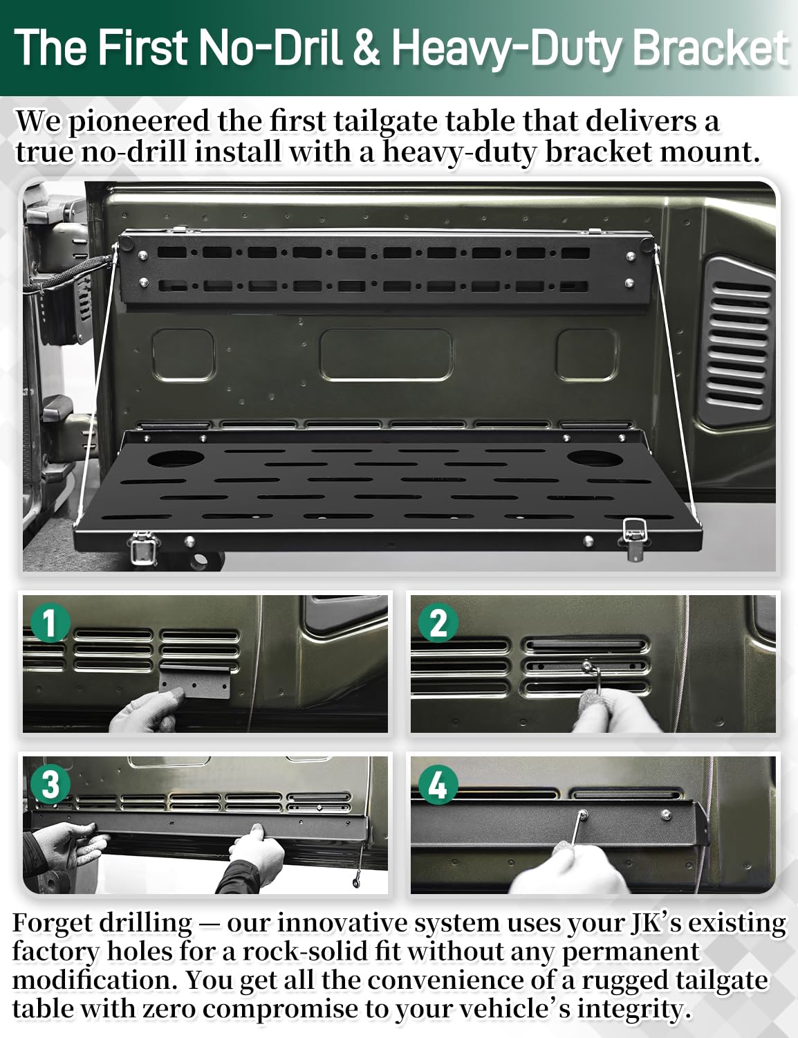 JROAD No-Drill Tailgate Table for Jeep Wrangler JK 2007-2018,Foldable Jeep JK Tailgate Storage Cargo Rack with MOLLE Panel,Heavy Duty 88 lbs Capacity,Not Fit Trunk with Factory Subwoofer