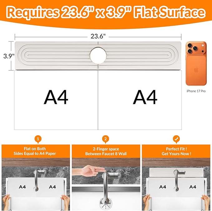 23.6 Inch Stone Faucet Mat for Kitchen Sink Splash Guard, Diatomite Sink