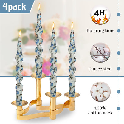 Floral Taper Candle Forget-Me-Not Unscented Spiral Candlesticks Printed Handmade Candles 10 Inch Long Twisted Candle for Home Decor Wedding Holiday Gifts - Set of 4