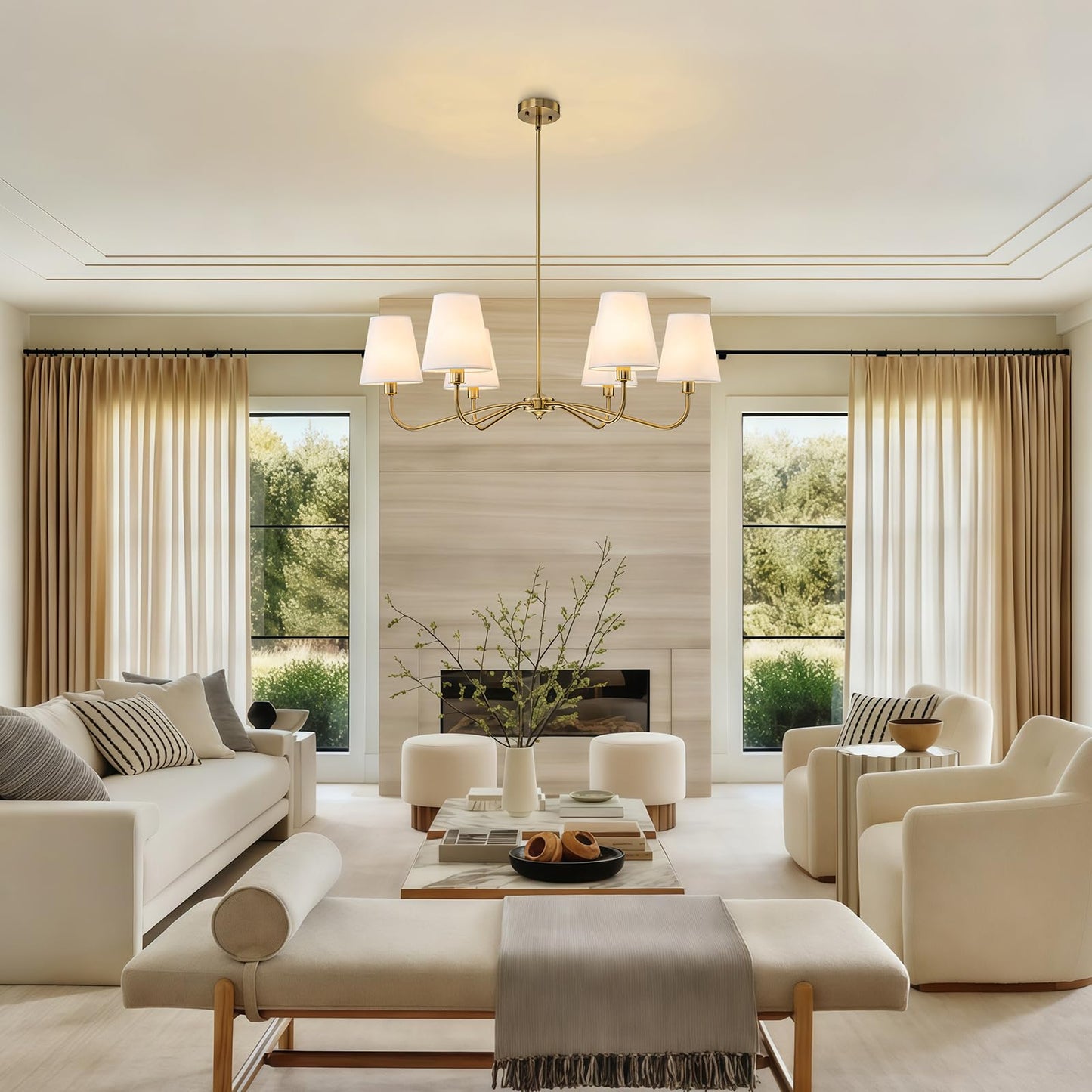 2-Pack Brass Gold Chandeliers Set, 6-Light Modern Fabric Shade Chandelier and 4-Light Linear Kitchen Island Lighting, Antique Classic Hanging Light Fixtures for Dining Room, Living Room Kitchen