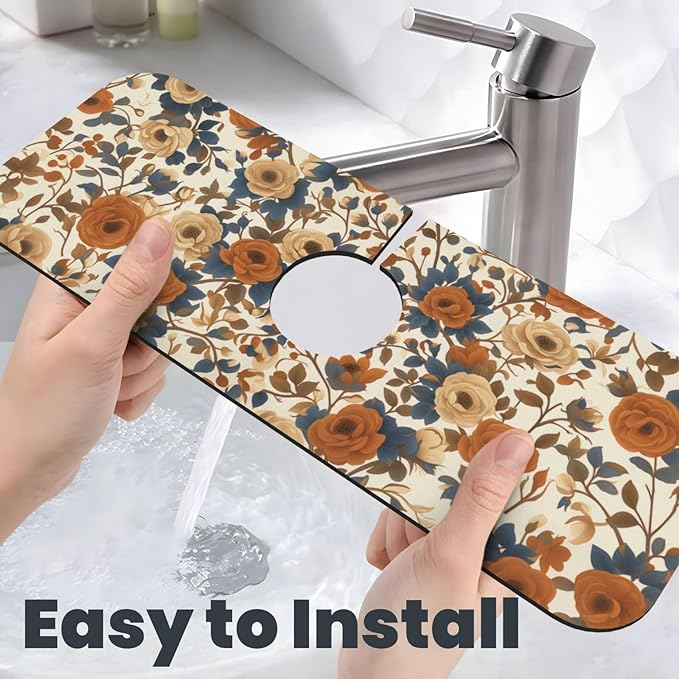 Faucet Draining Mat For Kitchen Sink, Peony Flower Blue Leaves Diatom Mud