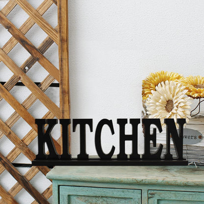 Linfevisi Black Wood Kitchen Sign Standing Block Letters Sign Rustic Freestanding Wood Word Decor Decorative Kitchen Table Sign Cutout Word Art Kitchen Shelf Decor (Black Kitchen Sign)