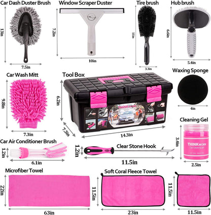 THINKWORK 17Pcs Car Cleaning Kit with Storage Box, Pink Car Washing Gift for Women - Cleaning Gel, Microfibre Cloth, Wheel Brush, Mitt, Duster, Squeegee - for Car Interior and Exterior Cleaning