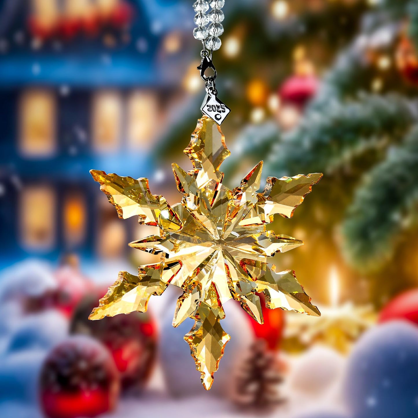 2025 Edition Crystal Snowflake Ornament Christmas Tree Ornament Home Decor Gift (2025-Champagne)