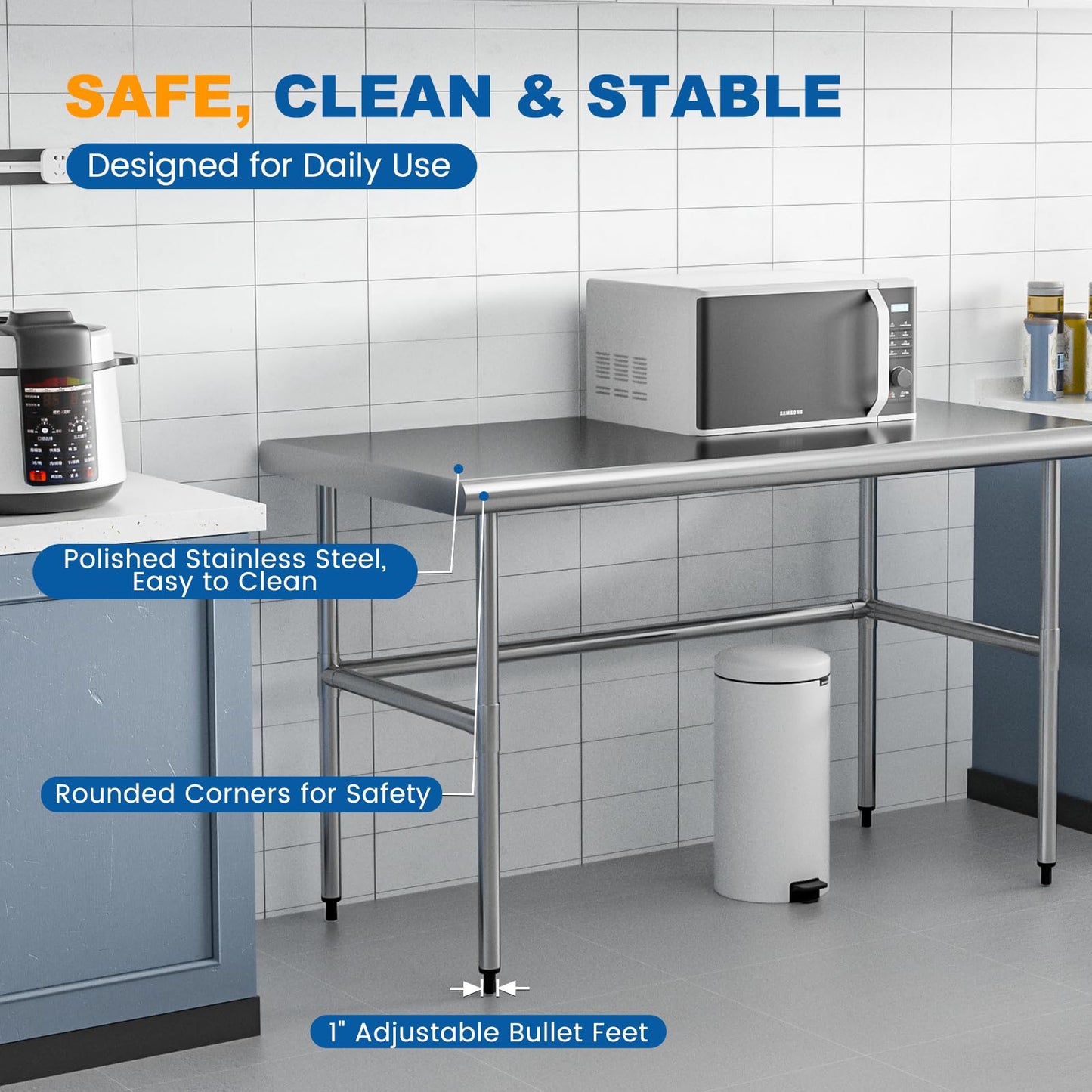 Chingoo Stainless Steel Table Open Base 30x60 Inch, Heavy-Duty Metal Work Table Ideal for Restaurant, Kitchen, Bakery, or Commercial Food Prep
