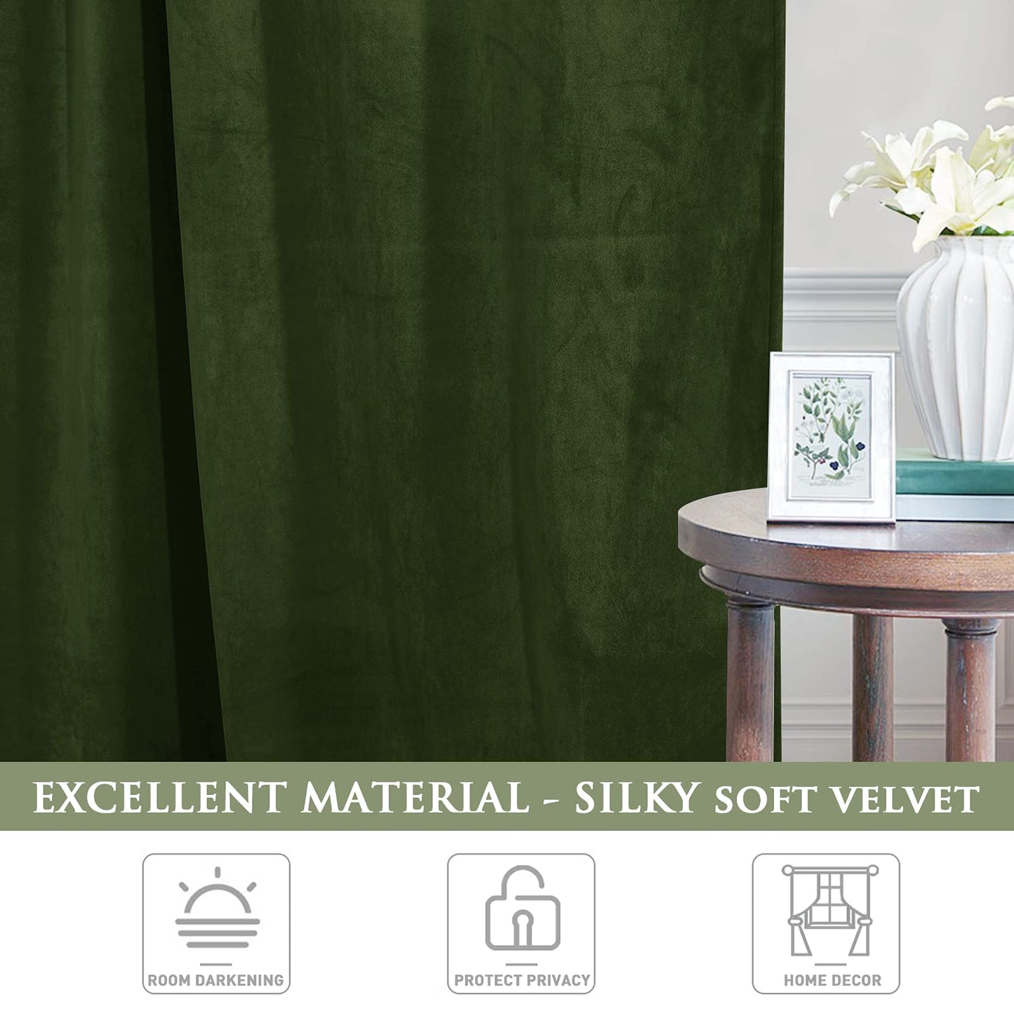 StangH Moss Green Curtains 108 inches Long - Luxury Velvet Room Darkening Sliding Door Drapes Thermal Insulated Soundproof Room Dividers for Closet, W52 x L108, 2 Panels