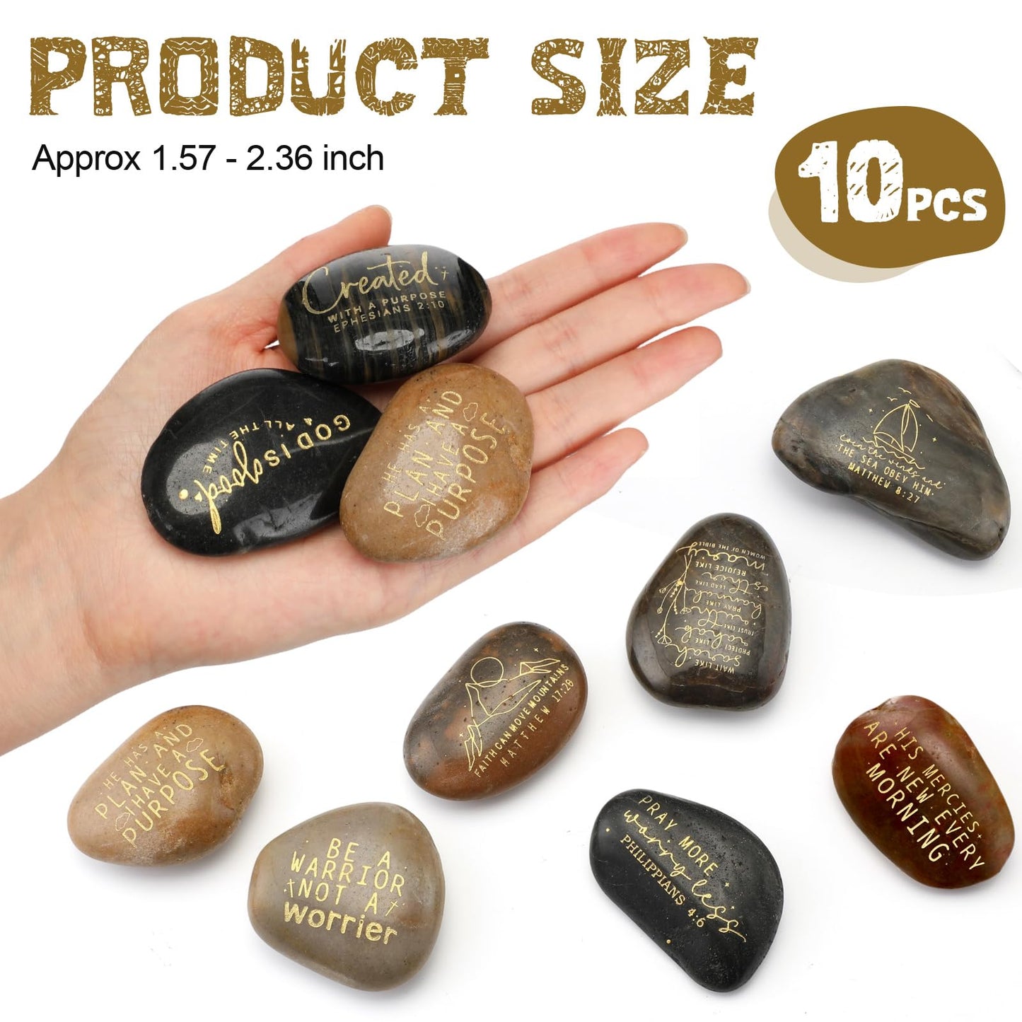 Landical 10 Pcs Bible Verses Scripture Stones Gift Christian Inspirational Rocks Engraved Stones with Prayer Words Father's Day Religious Gifts for Men Zen Group Office Home Decor(Inspiring Bible)