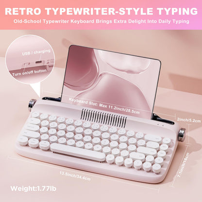 YUNZII Upgraded Wireless Typewriter Keyboard,with Retro Integrated Stand,USB-C/Bluetooth,Cute Round Keycaps, USB-C/Bluetooth Connection for Table, Phone, PC and Win/Mac/Android (B309, Baby Pink)