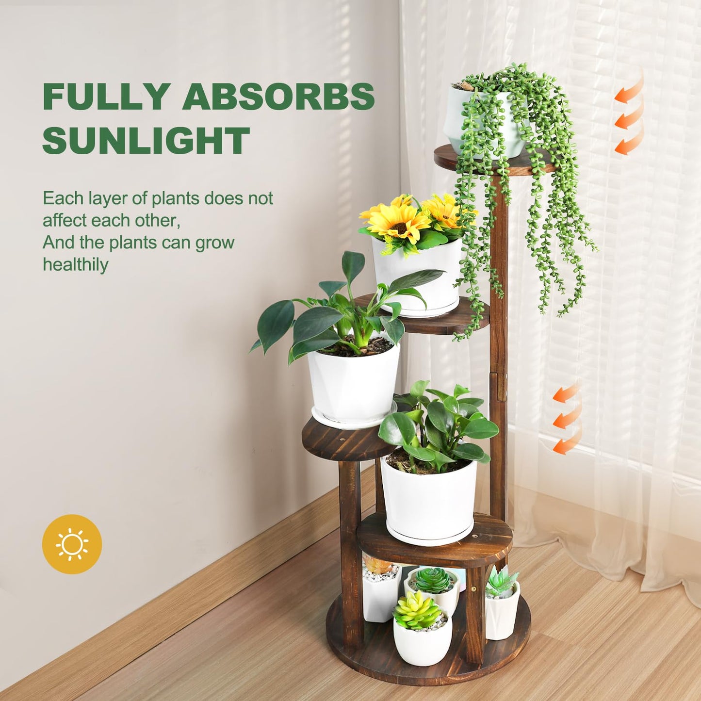 Jotboom 4 Tier Tall Plant Stand Indoor, Wood Corner Plant Shelf for Multiple Plants, Sturdy Oval Tiered Flower Pot Holder Display Rack for Living Room Balcony Patio, Carbonized Pine Wood