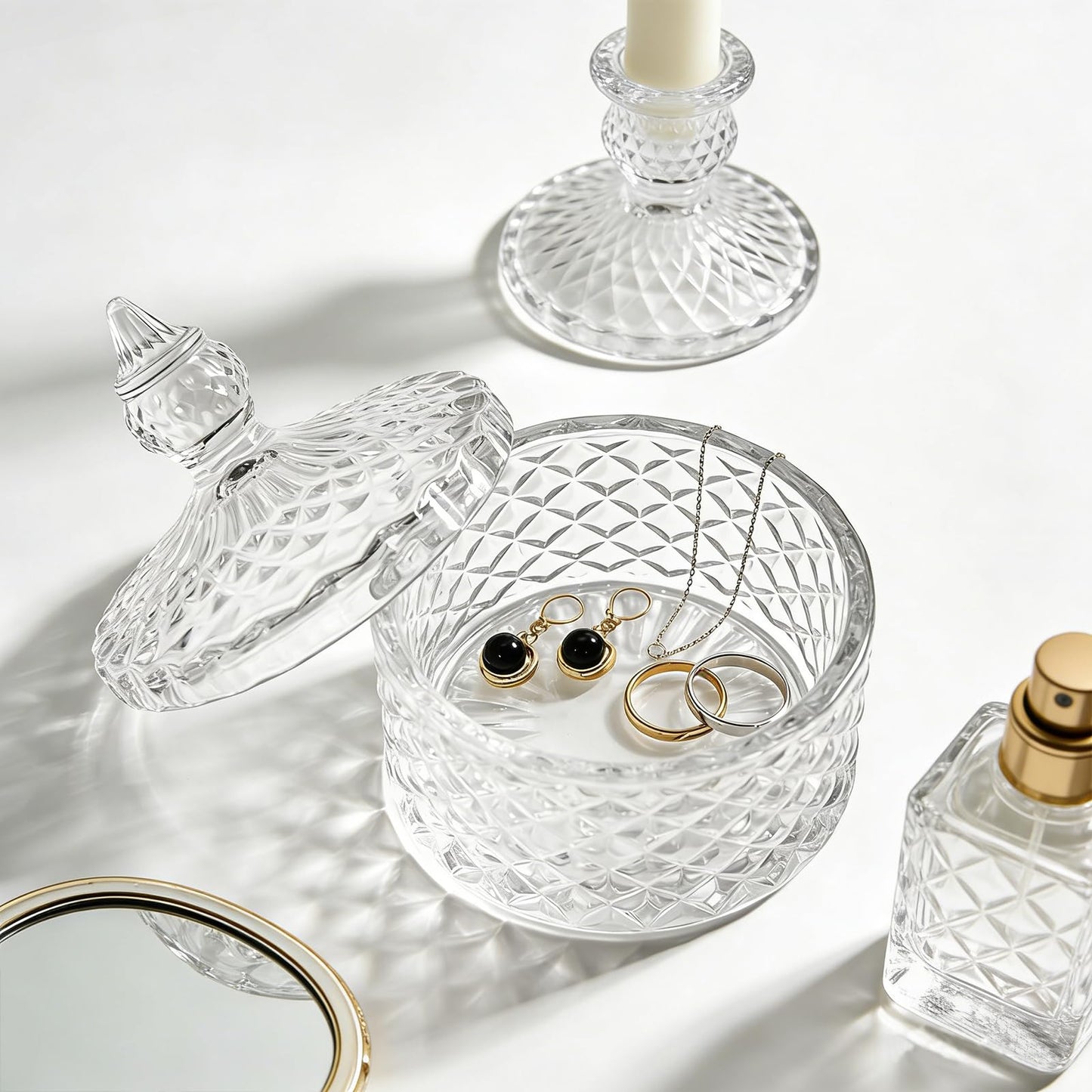 Glass Jewelry Box, Crystal Candy Dish with Lid, Ring Box, Small Trinket Dish, Jewelry Organizer Dish with Lid, Decorative Jewelry Bowls for Home Decor, Christmas Birthday Gifts for Women (Diamond)