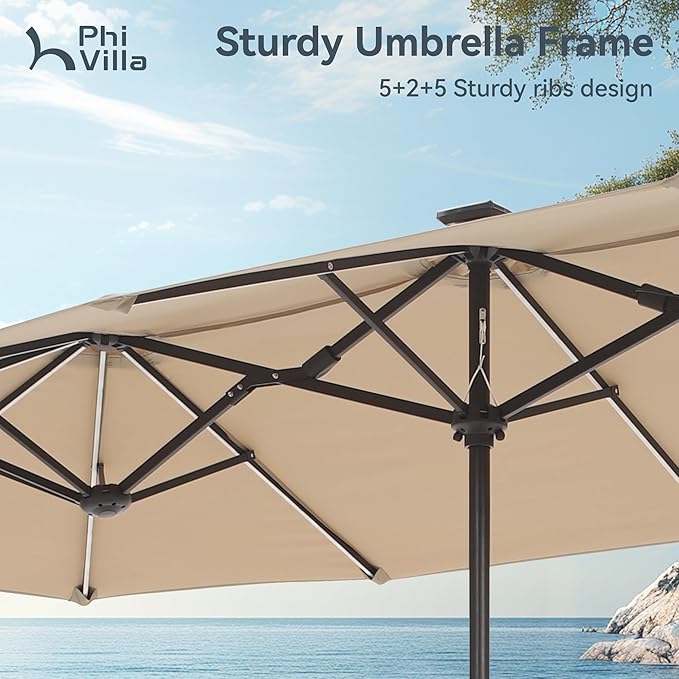 PHI VILLA 13ft Patio Umbrella with Solar-Powered 120 PCS LED Color-Changing Lights, Triple-Head Large Rectangle Umbrella Outdoor Patio for Table with Crank Lift,Beige(No Base)