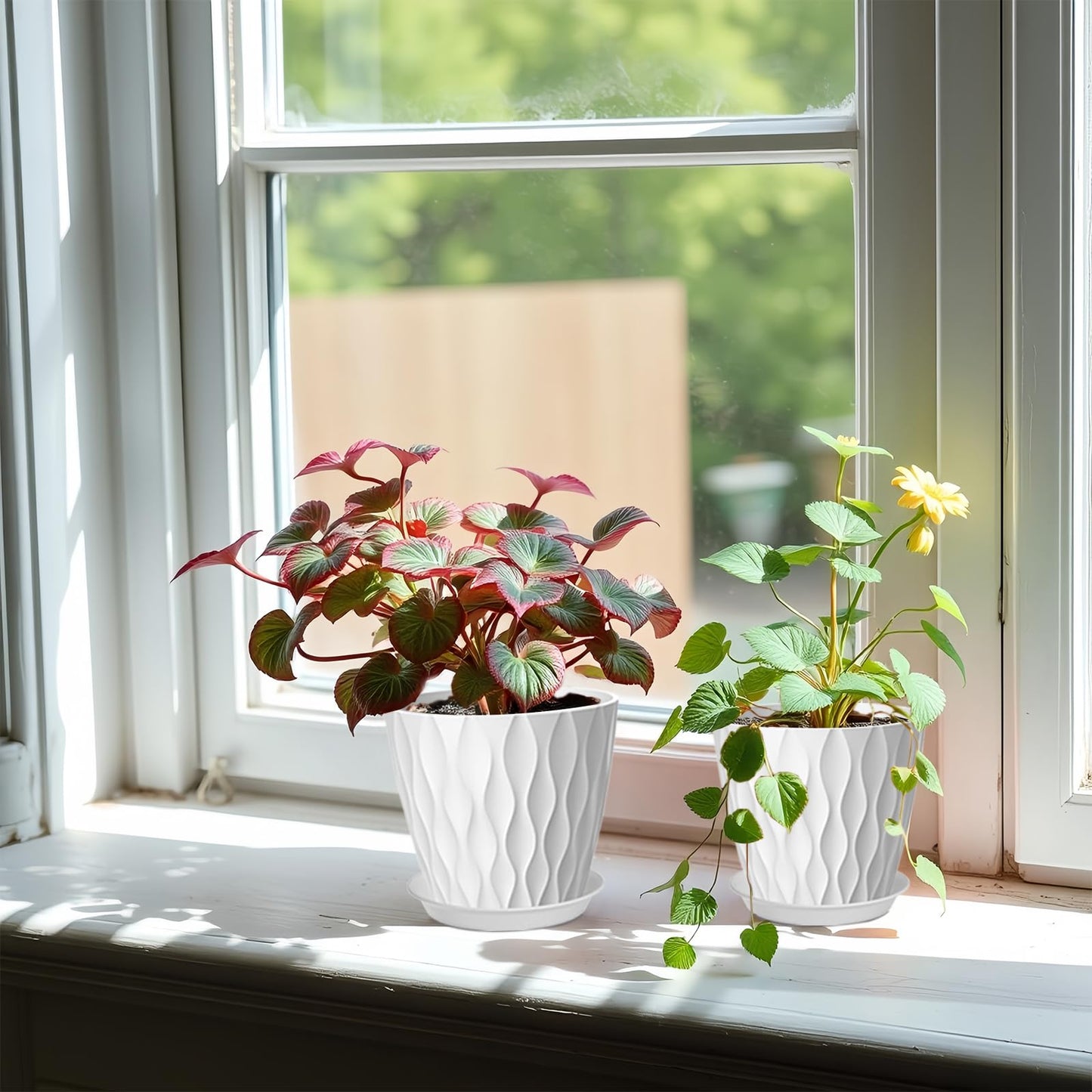 zople 6 Pack 7 Inch Plant Pots with Drainage and Saucers, White Plastic Flower Pots for Indoor and Outdoor Plants, Stackable Nursery Planters for Houseplants and Herbs, White