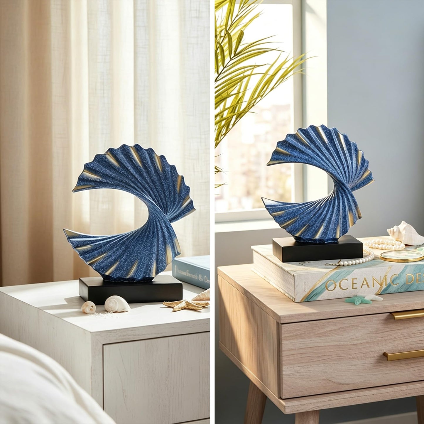 GAOSHENG Blue Gold Wave Sculpture, Modern Ocean Wave Home Accents, Resin Art Statue for Shelf, Coffee Table, TV Stand Adornos Modernos