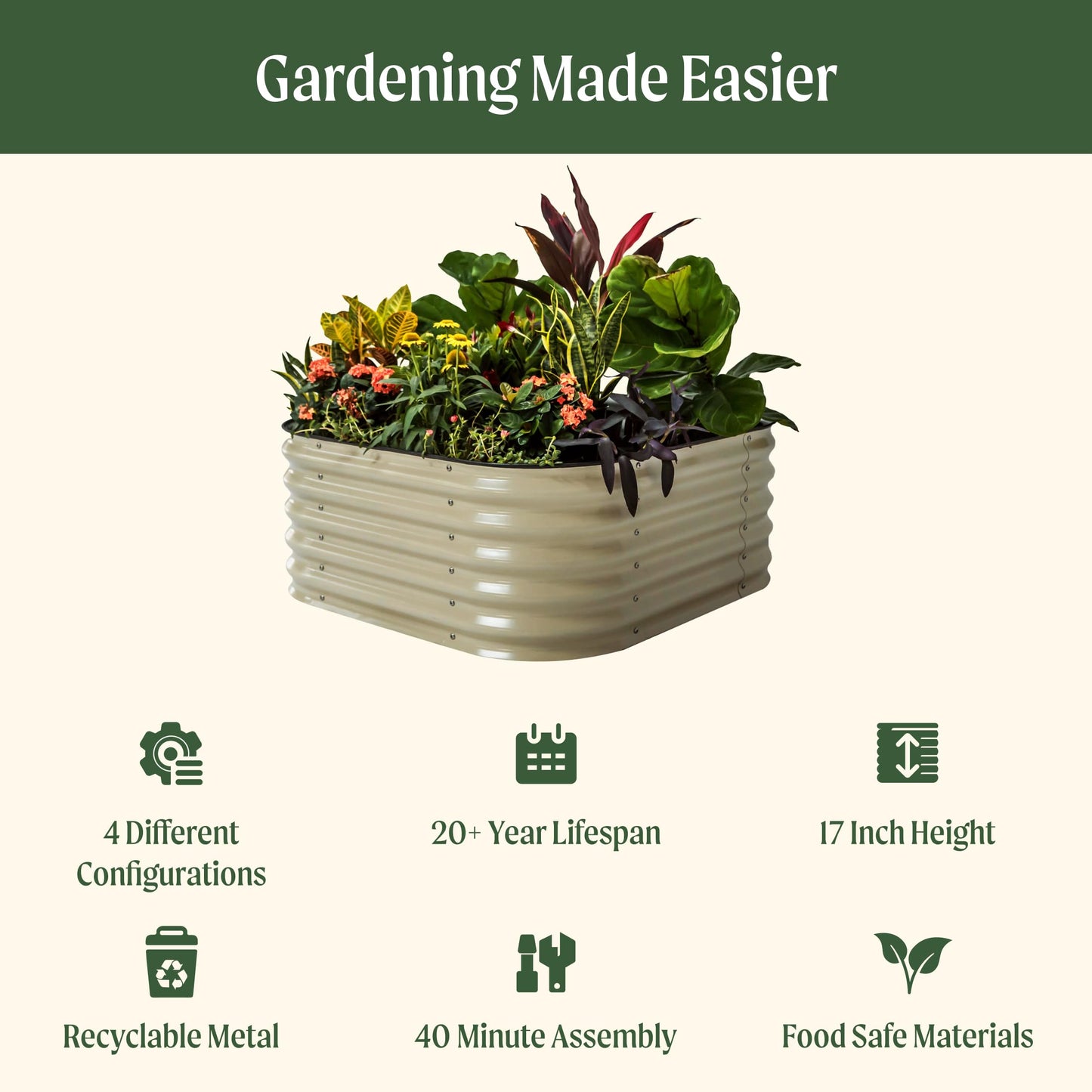 Vego garden Raised Garden Bed Kit, 17" Tall 4 in 1 Modular Metal Raised Garden Beds Kit, Metal Planter Box for Vegetables, Flowers, Herbs, Terra Cotta