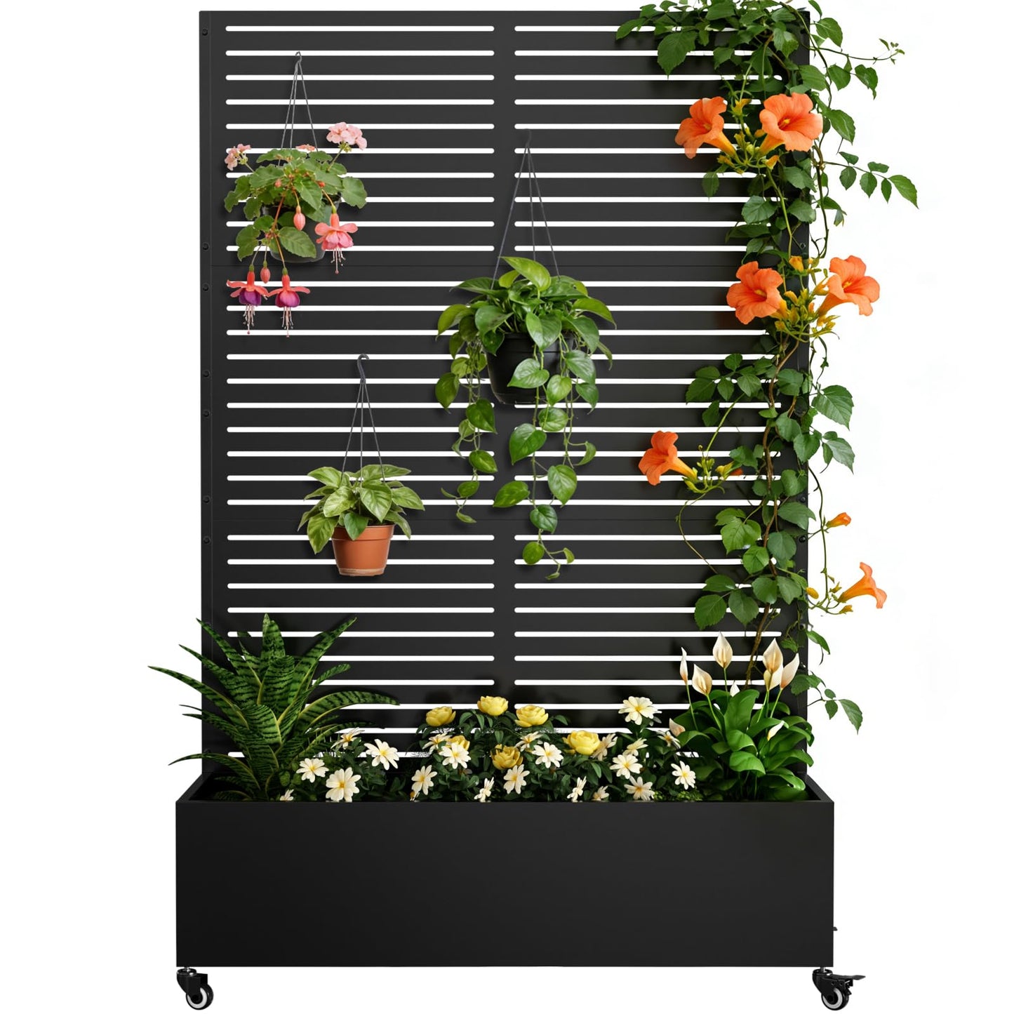 Baotree Metal Raised Garden Planter Bed, 72"x47"x16" Outdoor Planter Box with Trellis and Wheels for Climbing Plants, Vegetables & Vines, Features Drainage Holes and Privacy Screen (Black-Louvered)