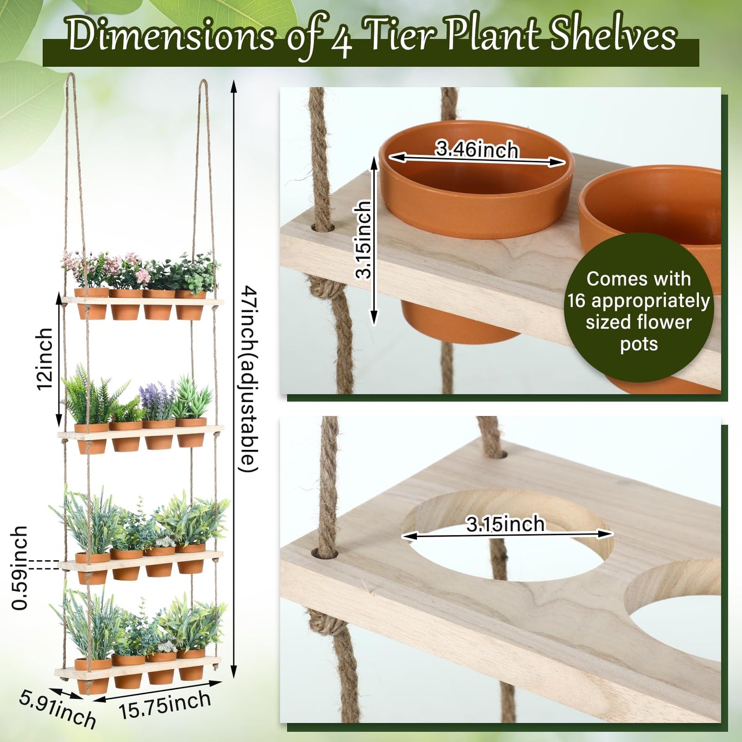FillTouch 4 Tiered Window Plant Shelves Hanging Herb Planter Indoor Display with 16 Pcs Flower Pots Wood Window Plant Hanger for Grow Herbs Succulents Microgreens Seedling Organization