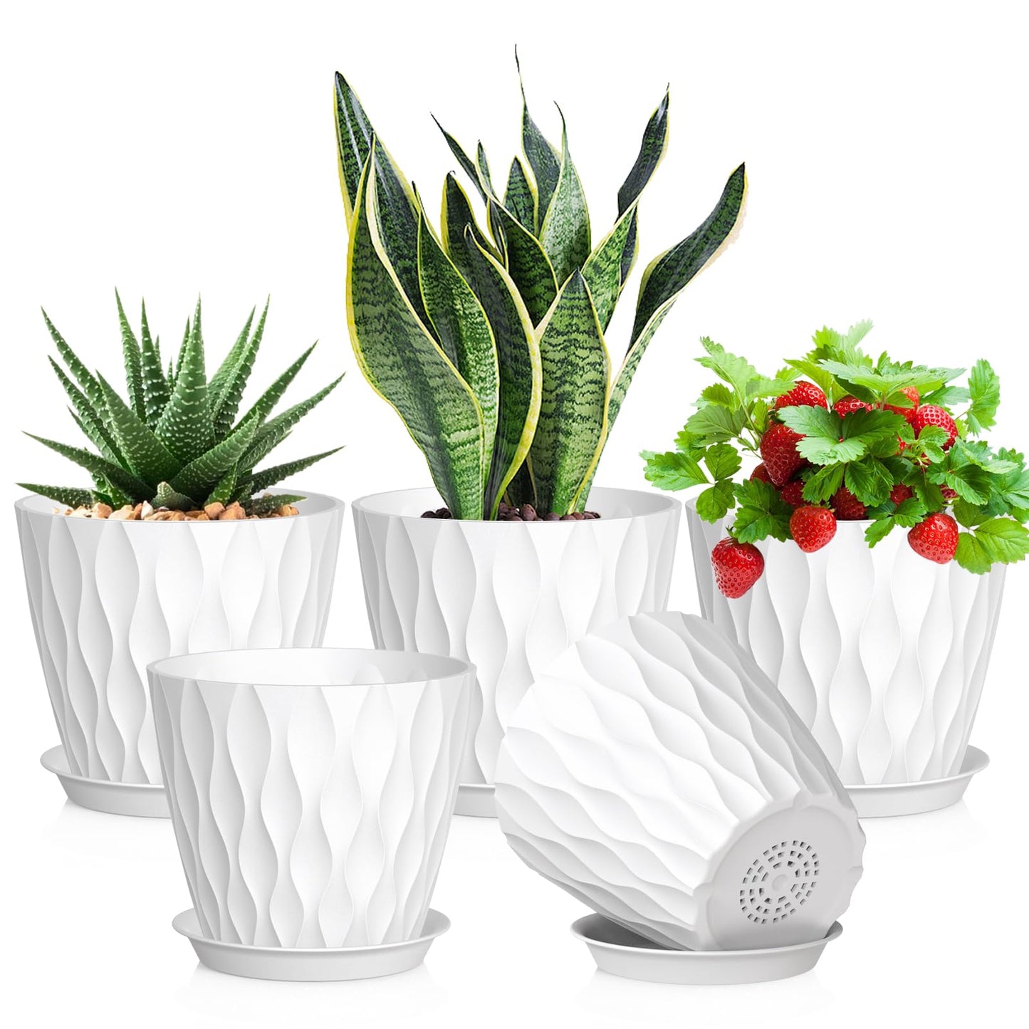 Meowell 7 inch Plant Pots for Indoor Outdoor Plants, 5 Pack Thick Nursery Pots with Drainage Holes and Saucers, 3D Modern Wave Texture Plastic Planter Pots for Flowers and House Plants, White