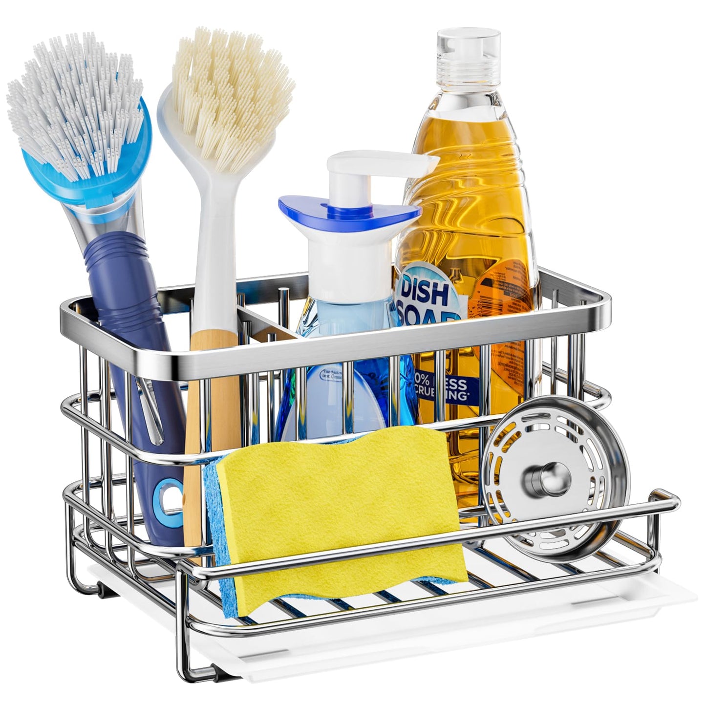 HapiRm Kitchen Sink Organizer, SUS304 Stainless Steel Rustproof Multifunctional Large Sink Caddy with Sponge Holder and Drain Tray for Kitchen Countertop (Silver)