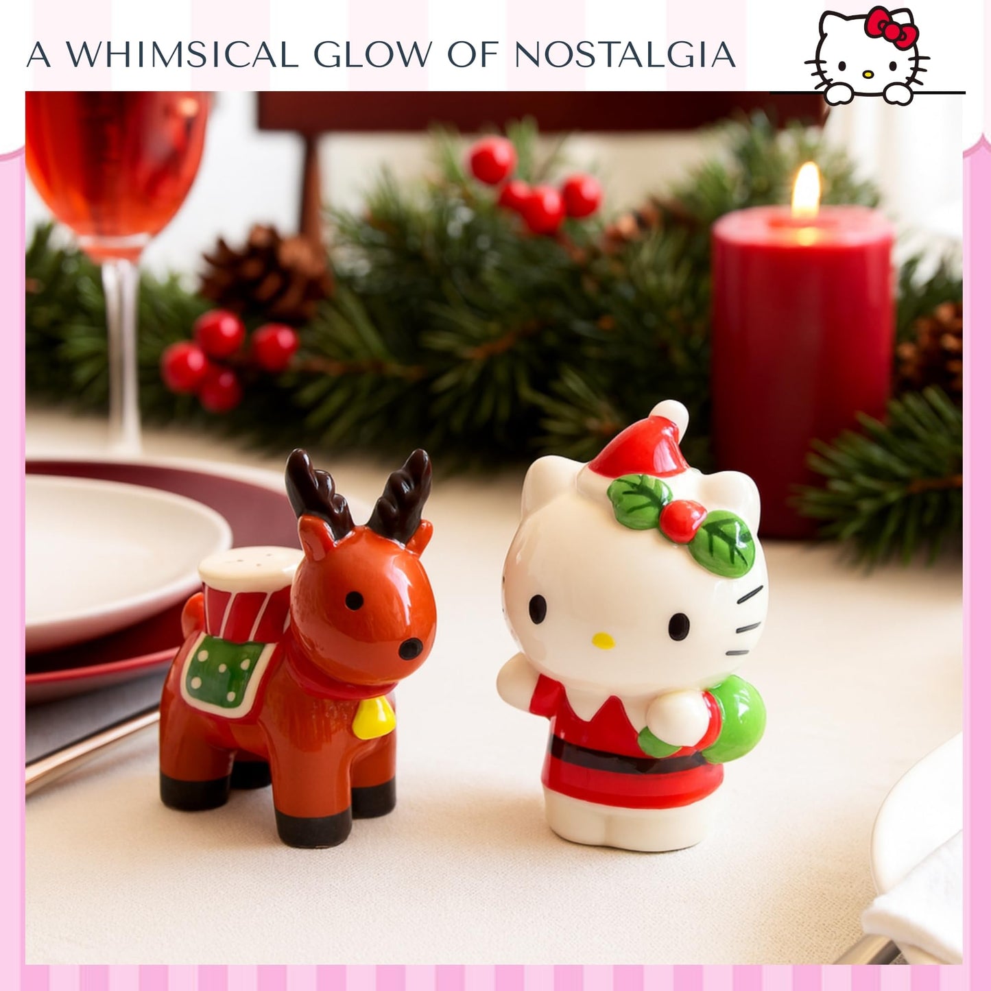 Blue Sky Clayworks Hello Kitty and Christmas Reindeer Salt and Pepper, Set of 2 Holiday Kitchen Appliances, Ceramic, 24010