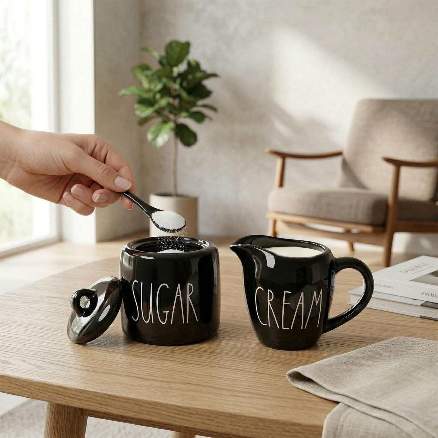 Sugar and Creamer Set, Cream Container and Sugar Holder Set for Coffee Bar, Farmhouse Sugar Bowl with Lid and Spoon, Ceramic Sugar Dispenser and Creamer Pitcher Set for Countertop (Black)