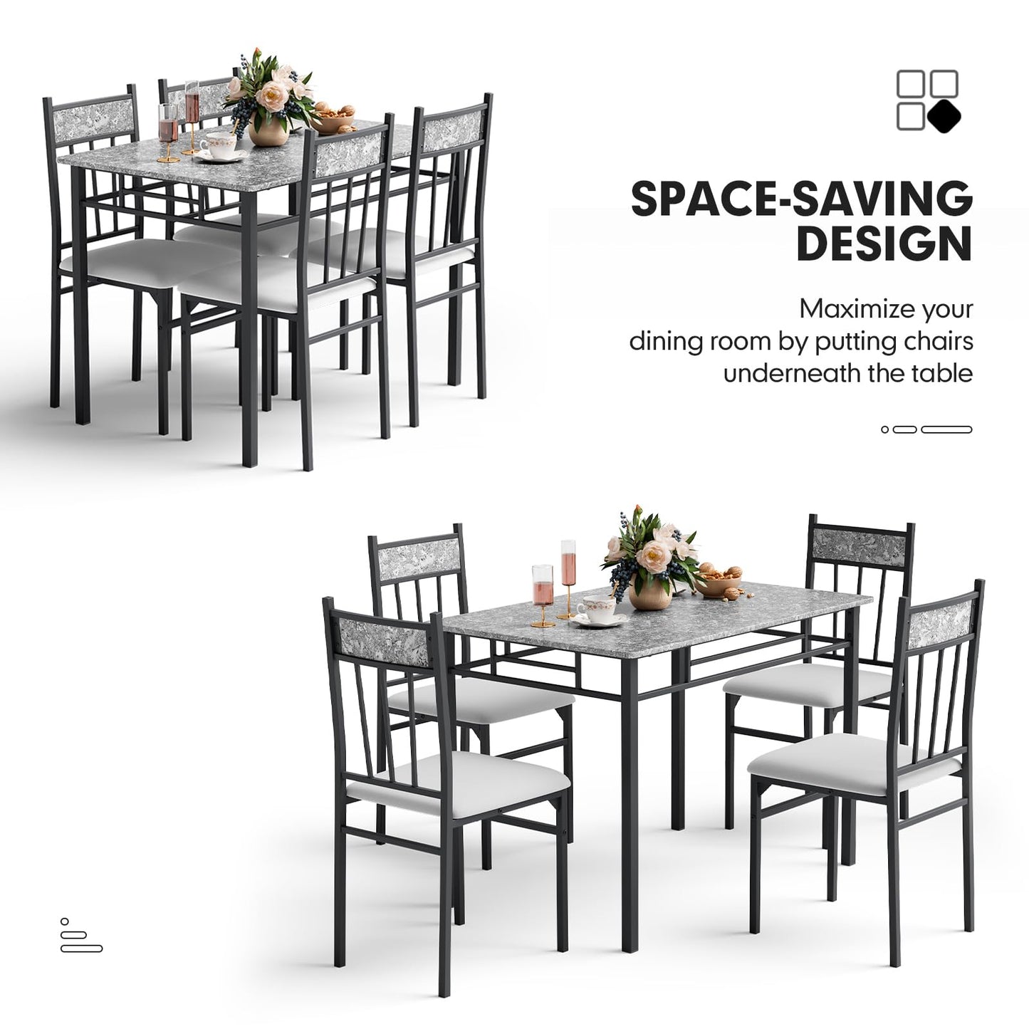 NAFORT 5 Piece Dining Table Set for 4, Faux Marble Kitchen Table and Chairs Set of 4, Vintage Rectangular Dining Room Table with Cushion Padded Seat, Metal and Wood Dining Set Kitchen Furniture, Grey