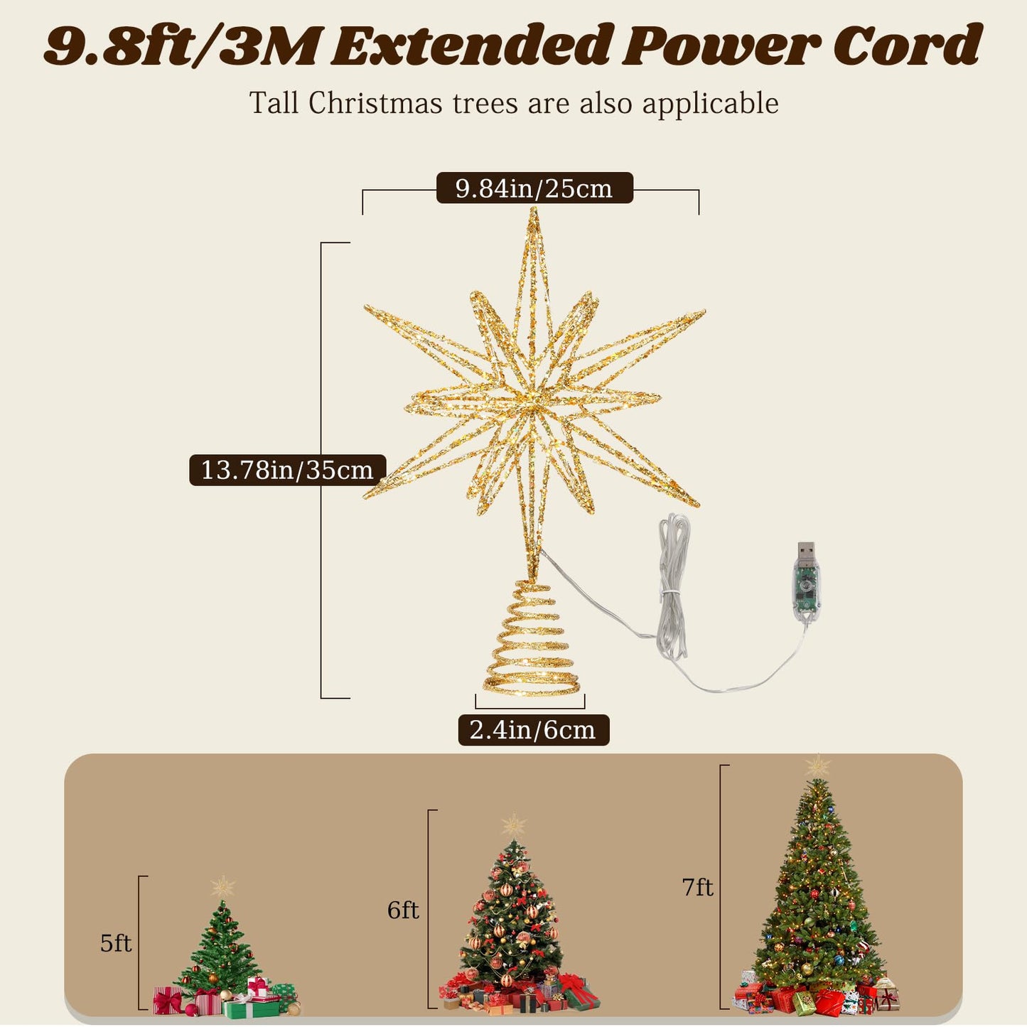 Lewondr Christmas Tree Topper, 13.78'' Metal Xmas 3D Geometric Tree Topper with 30 LED Bulbs, USB Remote Control Lighted Multi-Pointed Star Treetop, 6H Timer, 8 Modes Christmas Decor for Home, Gold