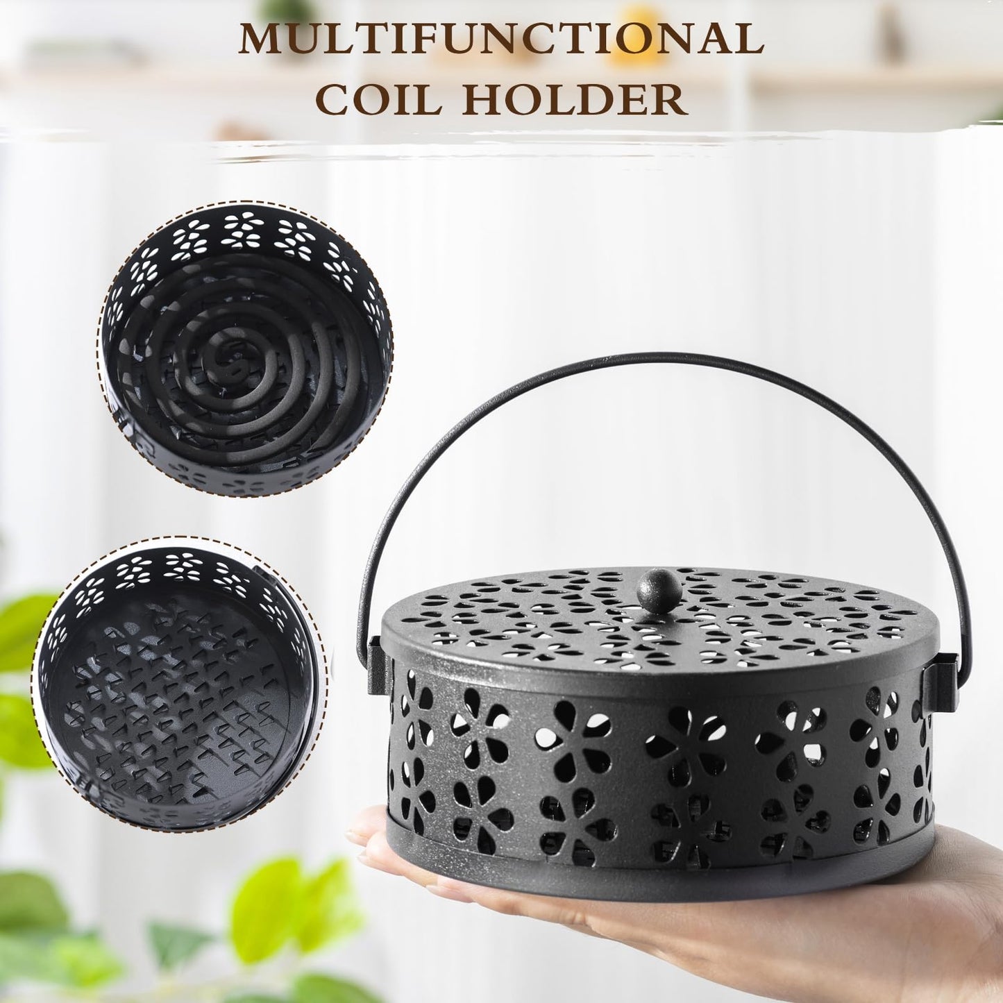 Lallisa 4 Pieces Mosquito Coil Holder Incense Coil Holder Retro Portable Metal Hanging Incense Burner with Handle Round for Home Camping Indoor Outdoor Patio(Black)
