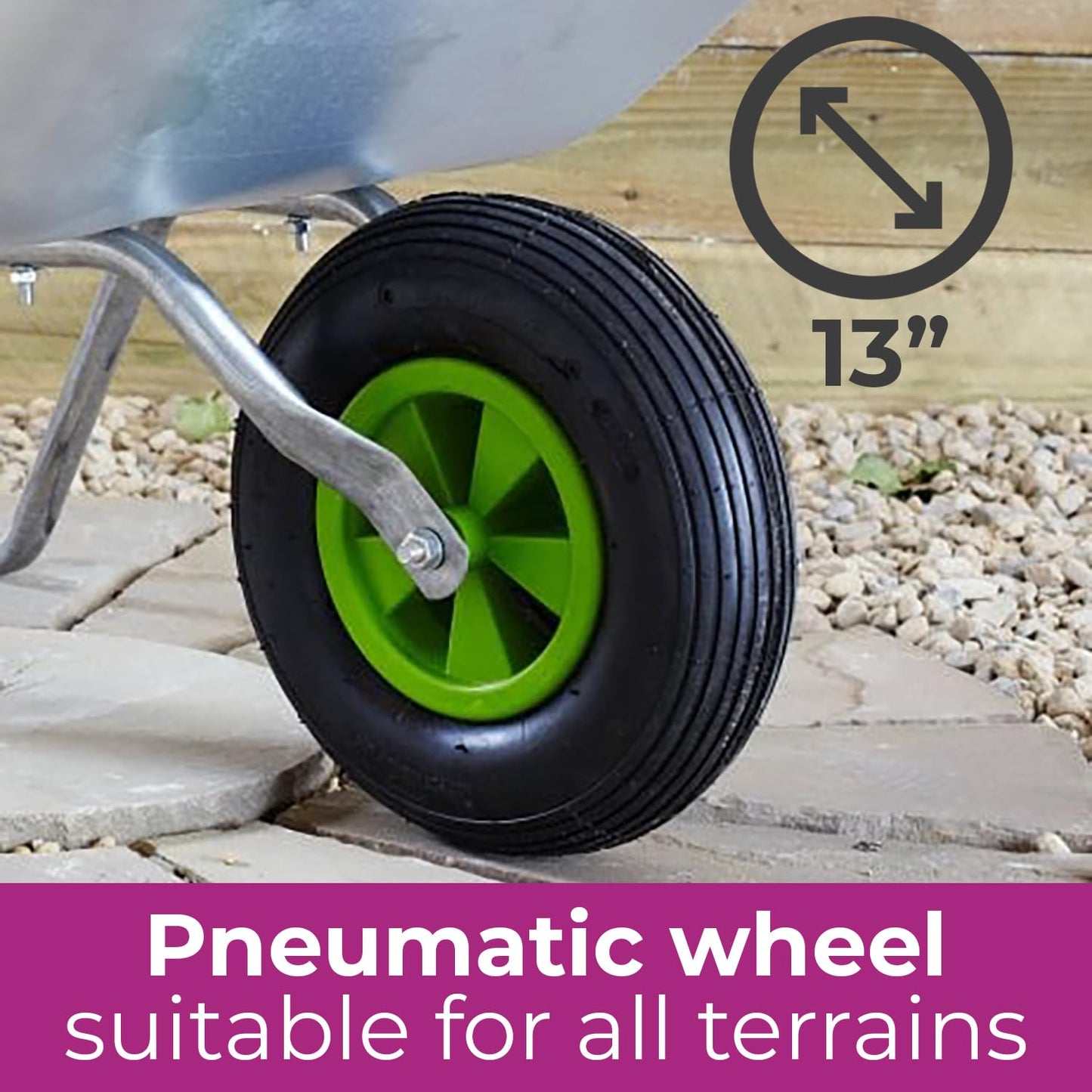 Neo Wheelbarrow Home Garden Cart Galvanised with Pneumatic Tyre (65L), Silver